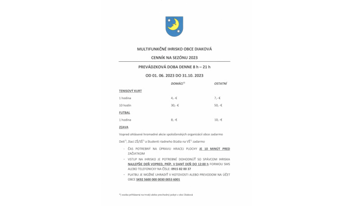 Cenník multifunkčného ihriska na rok 2023