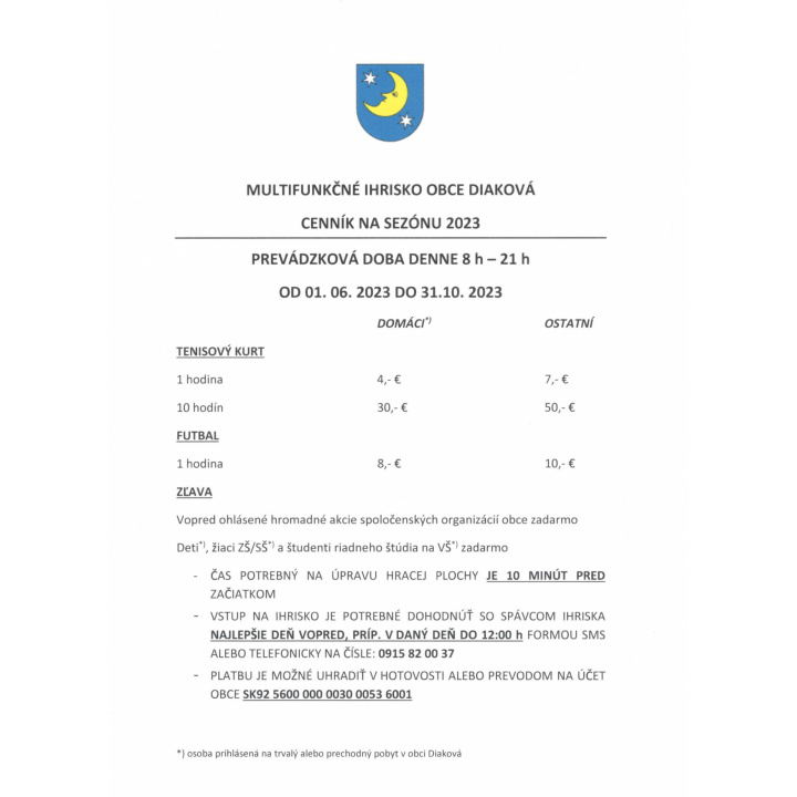 Cenník multifunkčného ihriska na rok 2023