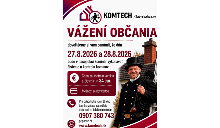 Čistenie a kontrola komínov v dňoch 27. a 28.8.2026 - možnosť objednať si službu 