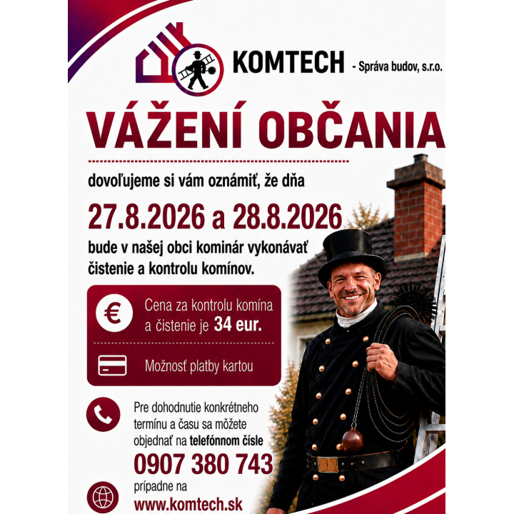 Čistenie a kontrola komínov v dňoch 27. a 28.8.2026 - možnosť objednať si službu 