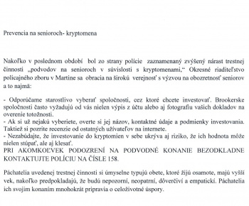 Aktuality / Upozornenie Polície SR na podvody na senioroch (kryptomeny) - foto