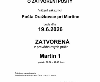 Aktuality / Pošta Dražkovce bude v piatok 19.06.2026 ZATVORENÁ - foto