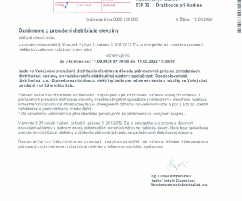 Aktuality / 11.9.2026 bude prerušená dodávka elektriny na 2 odberných miestach - foto