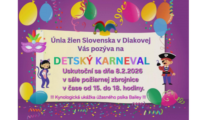 KARNEVAL pre deti - nedeľa 08.02.2026 od 15h do 18h