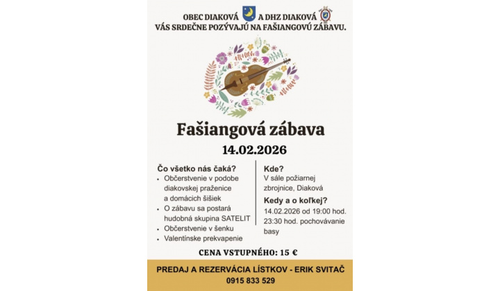 Pozývame na Fašiangovú zábavu 14.02.2026