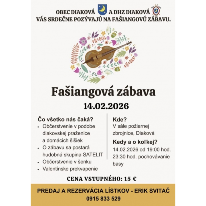 Pozývame na Fašiangovú zábavu 14.02.2026
