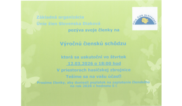 Výročná členská schôdza Únie žien - 12.3. 2026 o 18h