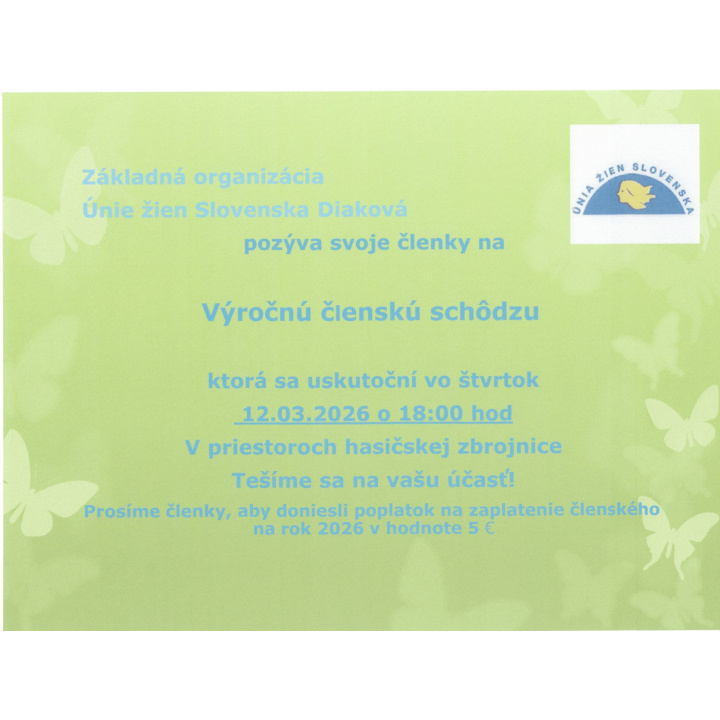 Výročná členská schôdza Únie žien - 12.3. 2026 o 18h
