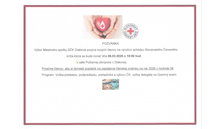 Výročná schôdza spolku Červeného kríža 6. marca o 18h